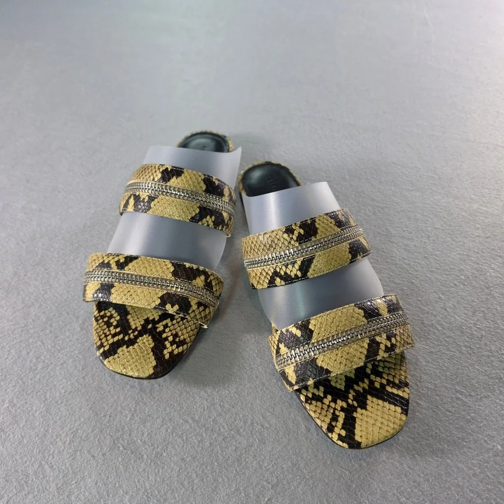 Rebecca Minkoff Snakeskin Embossed Leather Zipper Trim Slide Sandals Yellow 8.5M